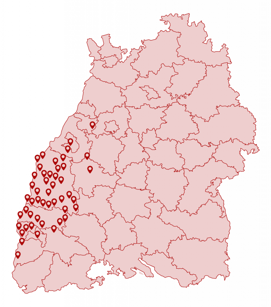 Eine Karte von Baden-Württemberg mit markierten Orten, an denen die Immobilienexperten von IMA Immobilien bereits tätig waren.