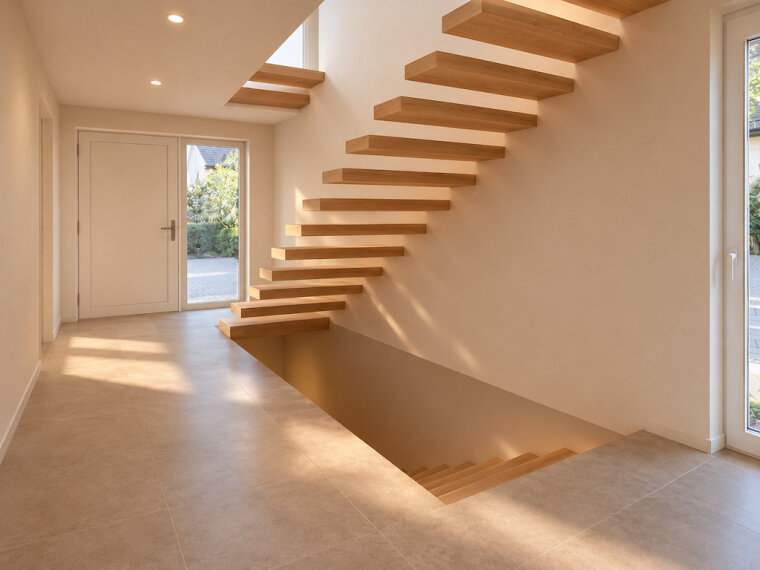 Minimalistischer Flur mit schwebender Holztreppe