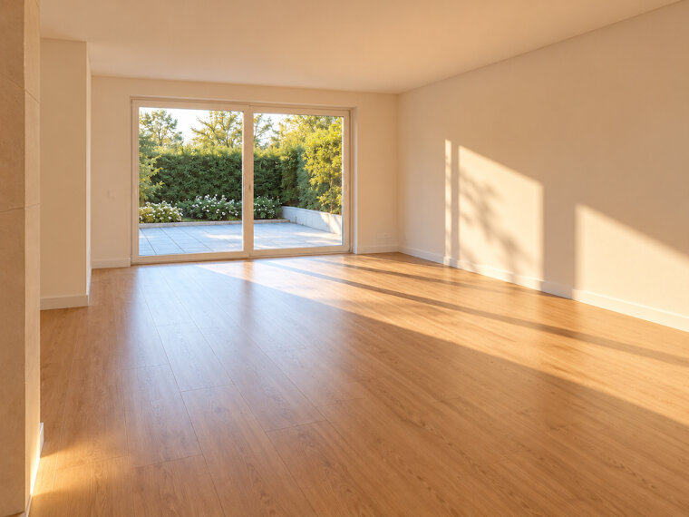 Minimalistisches Wohnzimmer im warmen Sonnenlicht