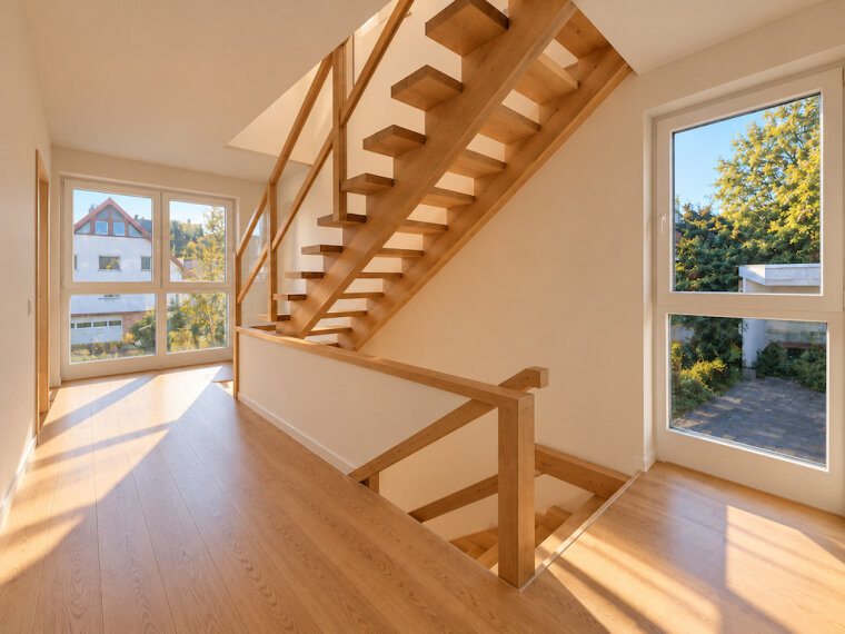 Helle moderne Galerie mit Holztreppe